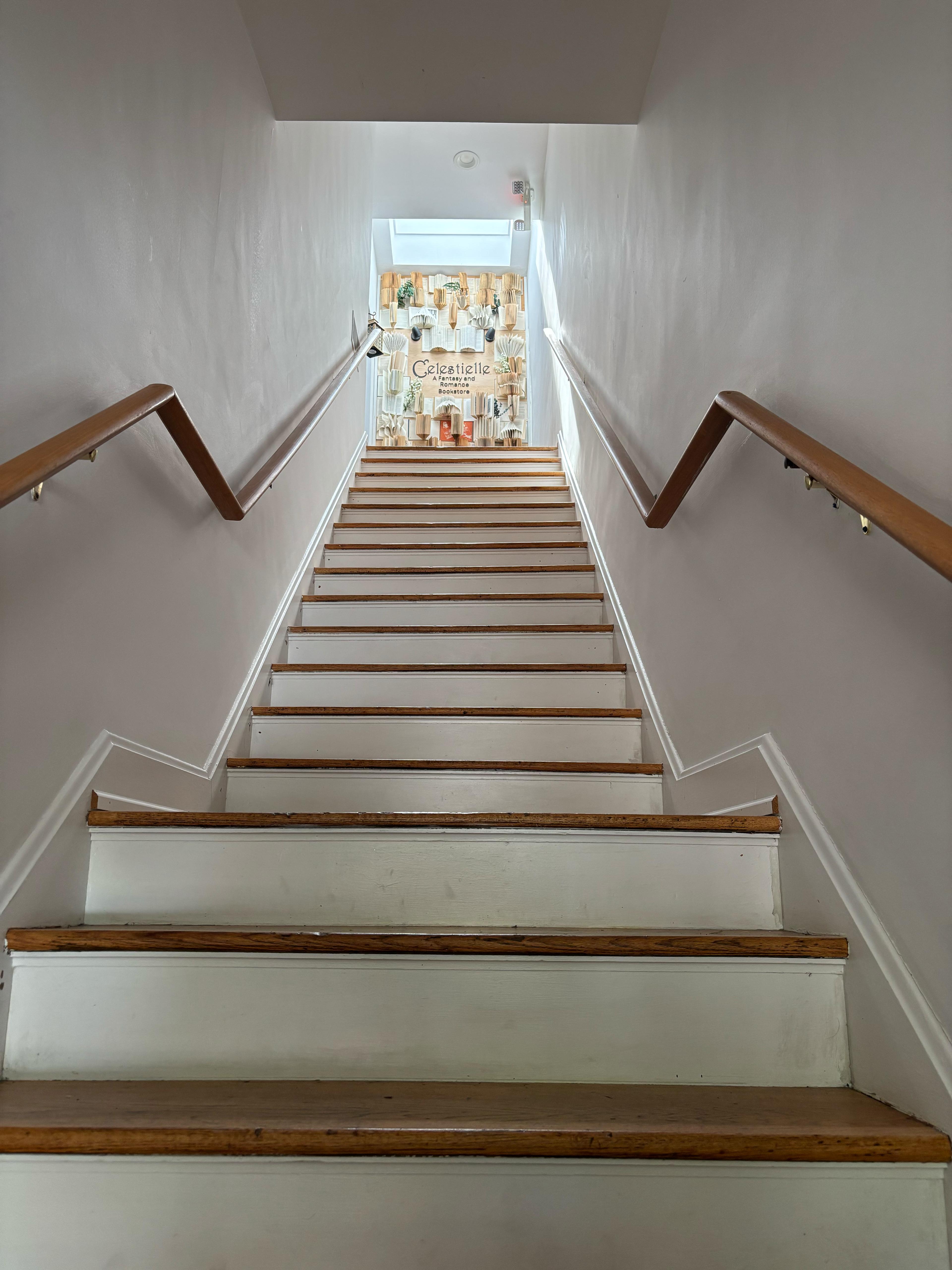 The staircase leading up to Celestielle's second-floor shop